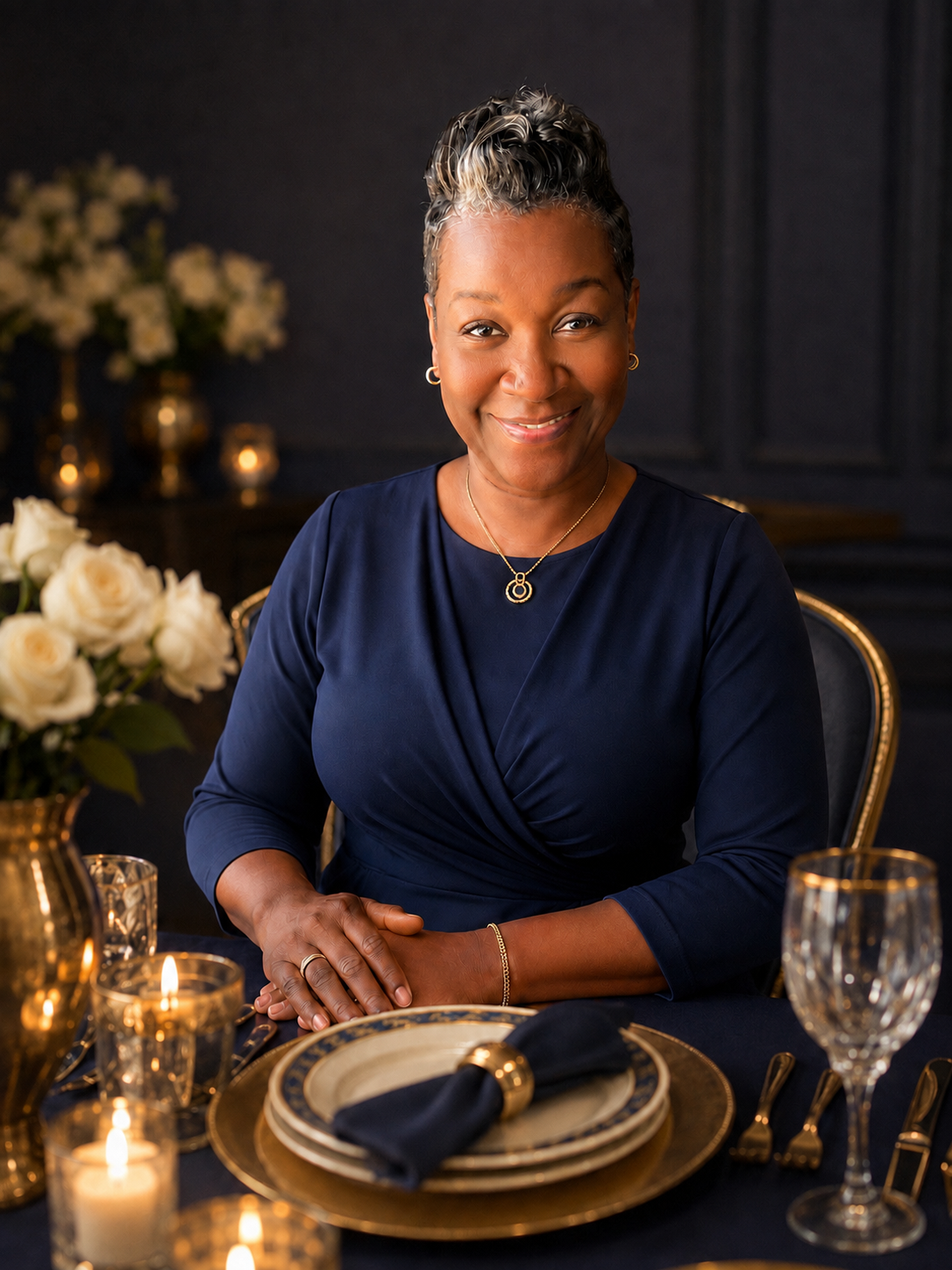 Selena McDonald, Founder & Etiquette Instructor, seated at an elegant dining table
